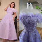 Vestidos de noche de lujo para mujer, estilo árabe lila, corte en A, hasta el tobillo, con cuentas y plumas, para bodas y fiestas 2025 LA71932 