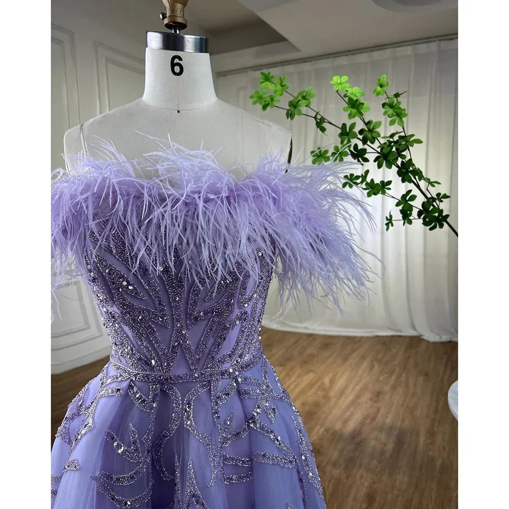 Vestidos de noche de lujo para mujer, estilo árabe lila, corte en A, hasta el tobillo, con cuentas y plumas, para bodas y fiestas 2025 LA71932 