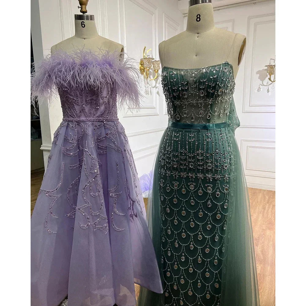 Vestidos de noche de lujo para mujer, estilo árabe lila, corte en A, hasta el tobillo, con cuentas y plumas, para bodas y fiestas 2025 LA71932 