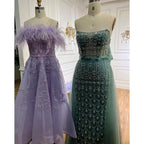 Vestidos de noche de lujo para mujer, estilo árabe lila, corte en A, hasta el tobillo, con cuentas y plumas, para bodas y fiestas 2025 LA71932 