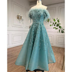 Vestidos de noche de lujo para mujer, estilo árabe lila, corte en A, hasta el tobillo, con cuentas y plumas, para bodas y fiestas 2025 LA71932 