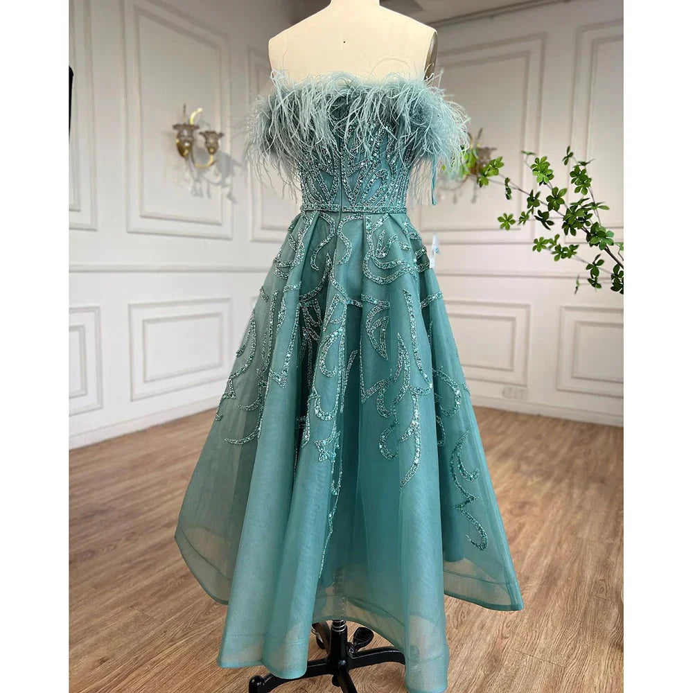 Vestidos de noche de lujo para mujer, estilo árabe lila, corte en A, hasta el tobillo, con cuentas y plumas, para bodas y fiestas 2025 LA71932 