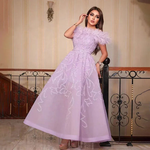 Robe de soirée de luxe style arabe lilas, coupe trapèze, longueur cheville, perles et plumes, pour femme, tenue de mariage, 2025, LA71932 
