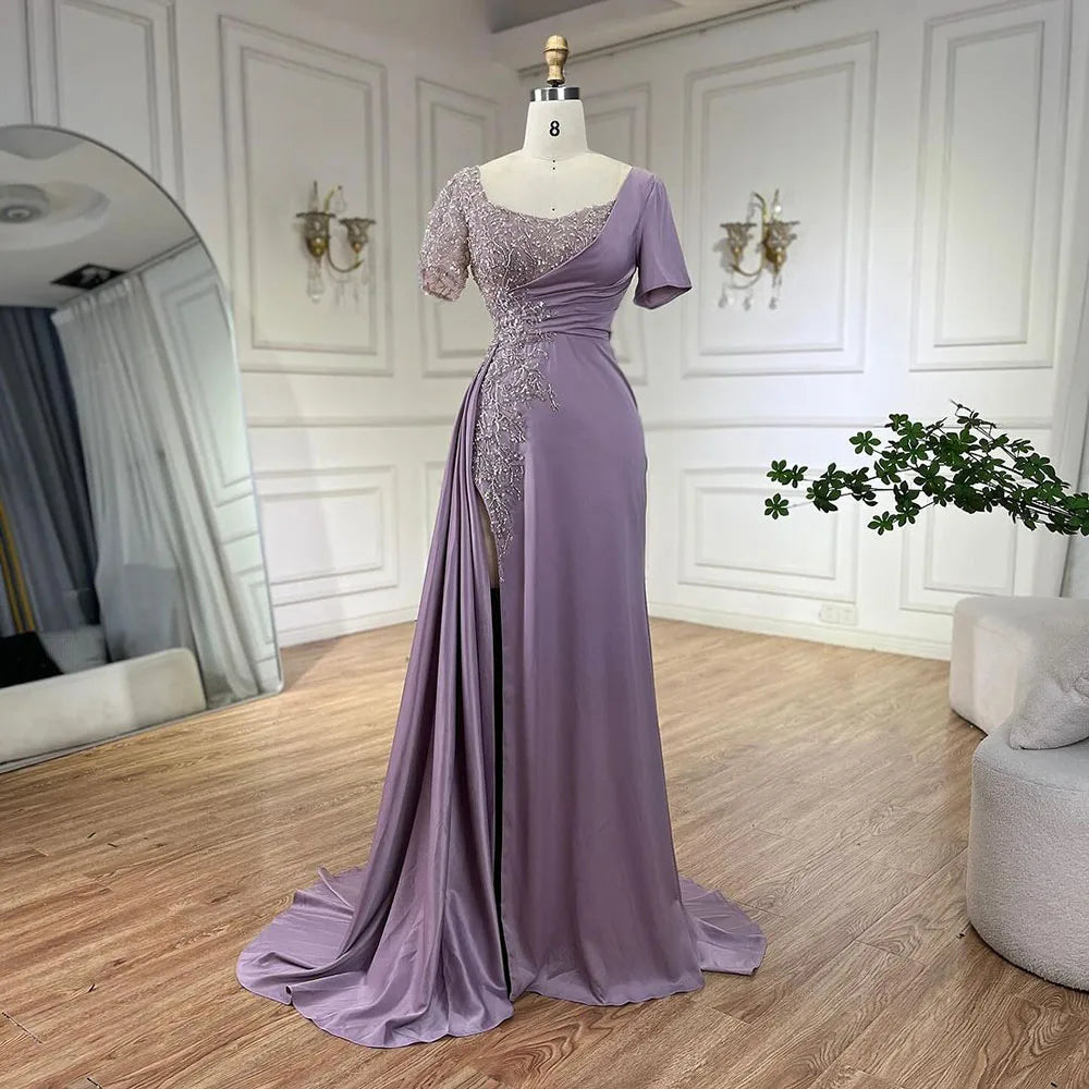 Vestidos de noche elegantes de sirena lila árabe de satén con cuentas, de lujo, color gris Dubai, para mujer, para bodas y fiestas LA72583 
