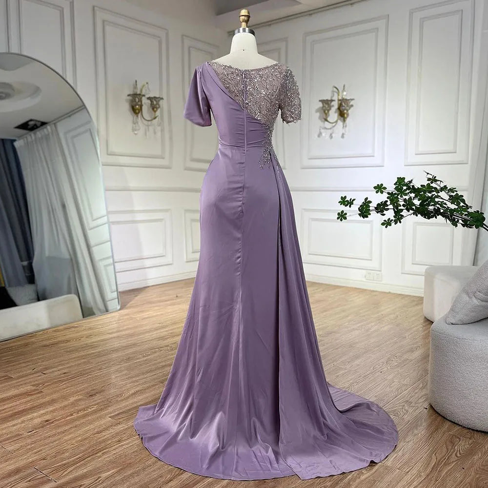 Vestidos de noche elegantes de sirena lila árabe de satén con cuentas, de lujo, color gris Dubai, para mujer, para bodas y fiestas LA72583 