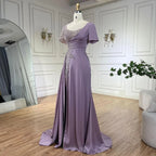 Vestidos de noche elegantes de sirena lila árabe de satén con cuentas, de lujo, color gris Dubai, para mujer, para bodas y fiestas LA72583 