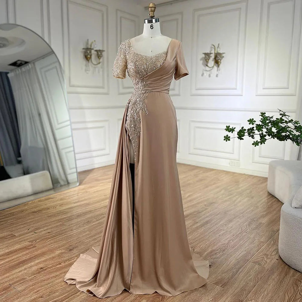 Vestidos de noche elegantes de sirena lila árabe de satén con cuentas, de lujo, color gris Dubai, para mujer, para bodas y fiestas LA72583 