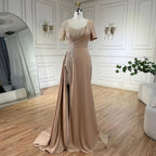 Vestidos de noche elegantes de sirena lila árabe de satén con cuentas, de lujo, color gris Dubai, para mujer, para bodas y fiestas LA72583 