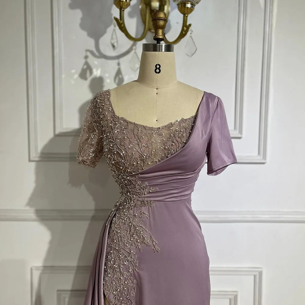 Arabic Lilac Mermaid Elegant Satin Beaded Luxury Dubai Gray Evening Dresses Gowns For Women Wedding Party LA72583