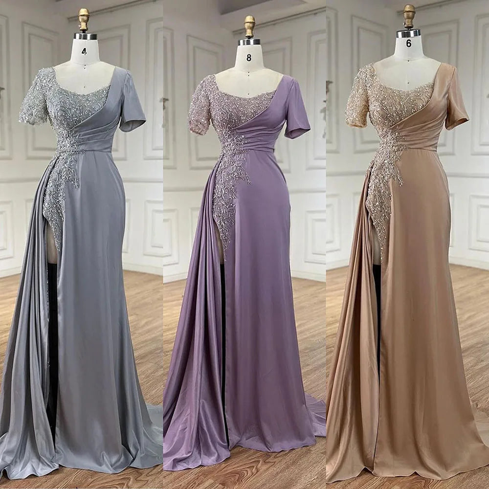 Vestidos de noche elegantes de sirena lila árabe de satén con cuentas, de lujo, color gris Dubai, para mujer, para bodas y fiestas LA72583 