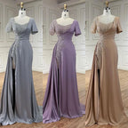 Vestidos de noche elegantes de sirena lila árabe de satén con cuentas, de lujo, color gris Dubai, para mujer, para bodas y fiestas LA72583 