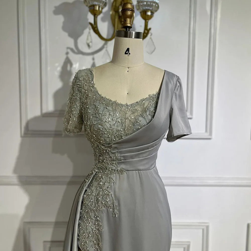 Vestidos de noche elegantes de sirena lila árabe de satén con cuentas, de lujo, color gris Dubai, para mujer, para bodas y fiestas LA72583 