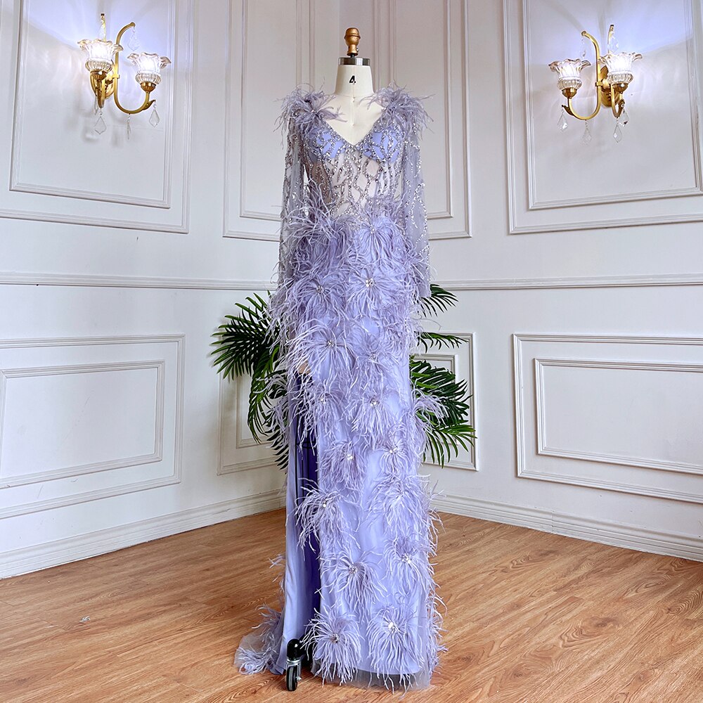 Robe de soirée sirène lilas style arabe, sexy, fendue, avec jupe, perles et plumes, 2025, pour femmes, LA71989
