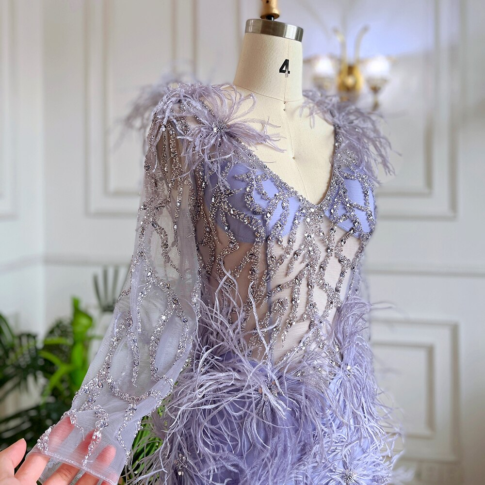 Robe de soirée sirène lilas style arabe, sexy, fendue, avec jupe, perles et plumes, 2025, pour femmes, LA71989