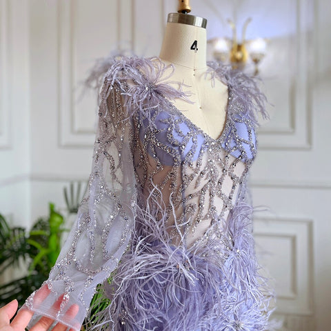 Robe de soirée sirène lilas style arabe, sexy, fendue, avec jupe, perles et plumes, 2025, pour femmes, LA71989