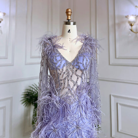Robe de soirée sirène lilas style arabe, sexy, fendue, avec jupe, perles et plumes, 2025, pour femmes, LA71989