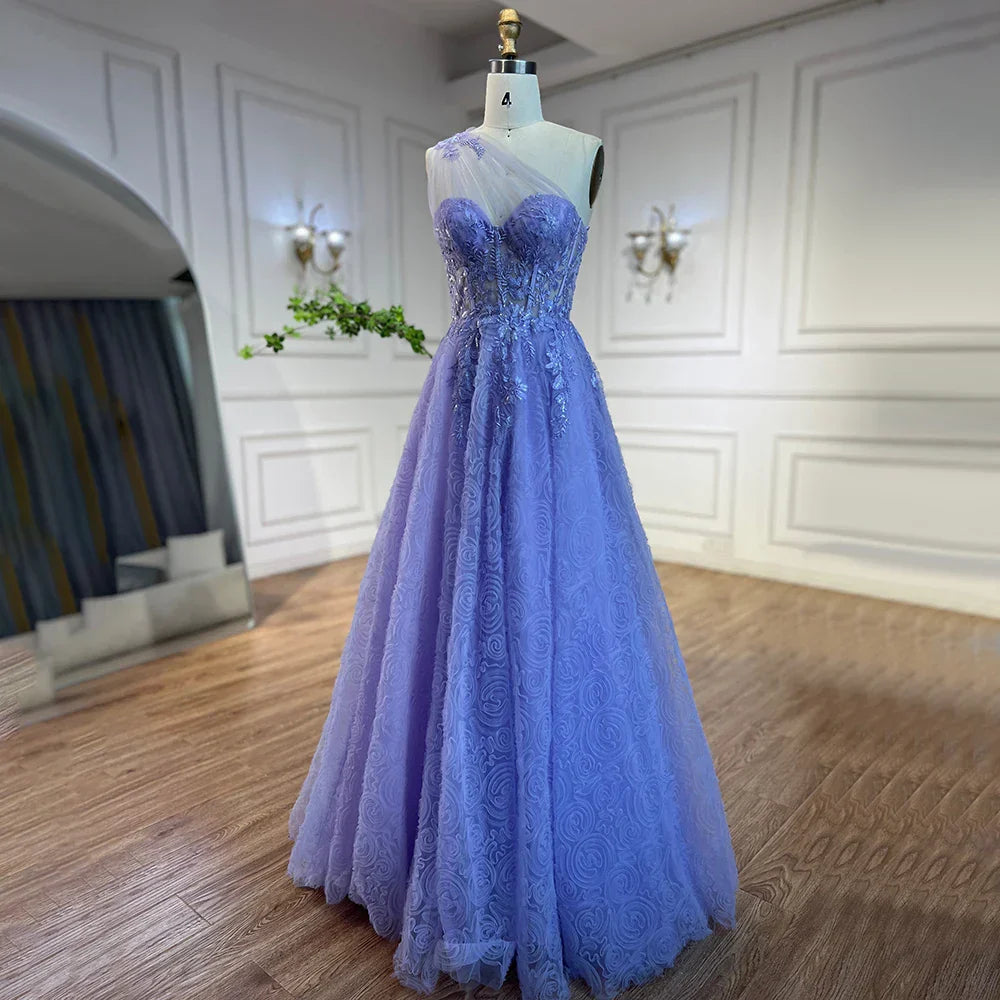 Vestido de fiesta de lujo para mujer, corte asimétrico, estilo lila árabe, con apliques de encaje y un solo hombro, para mujer, modelo LA72637 (2025) 