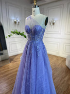 Vestido de fiesta de lujo para mujer, corte asimétrico, estilo lila árabe, con apliques de encaje y un solo hombro, para mujer, modelo LA72637 (2025) 