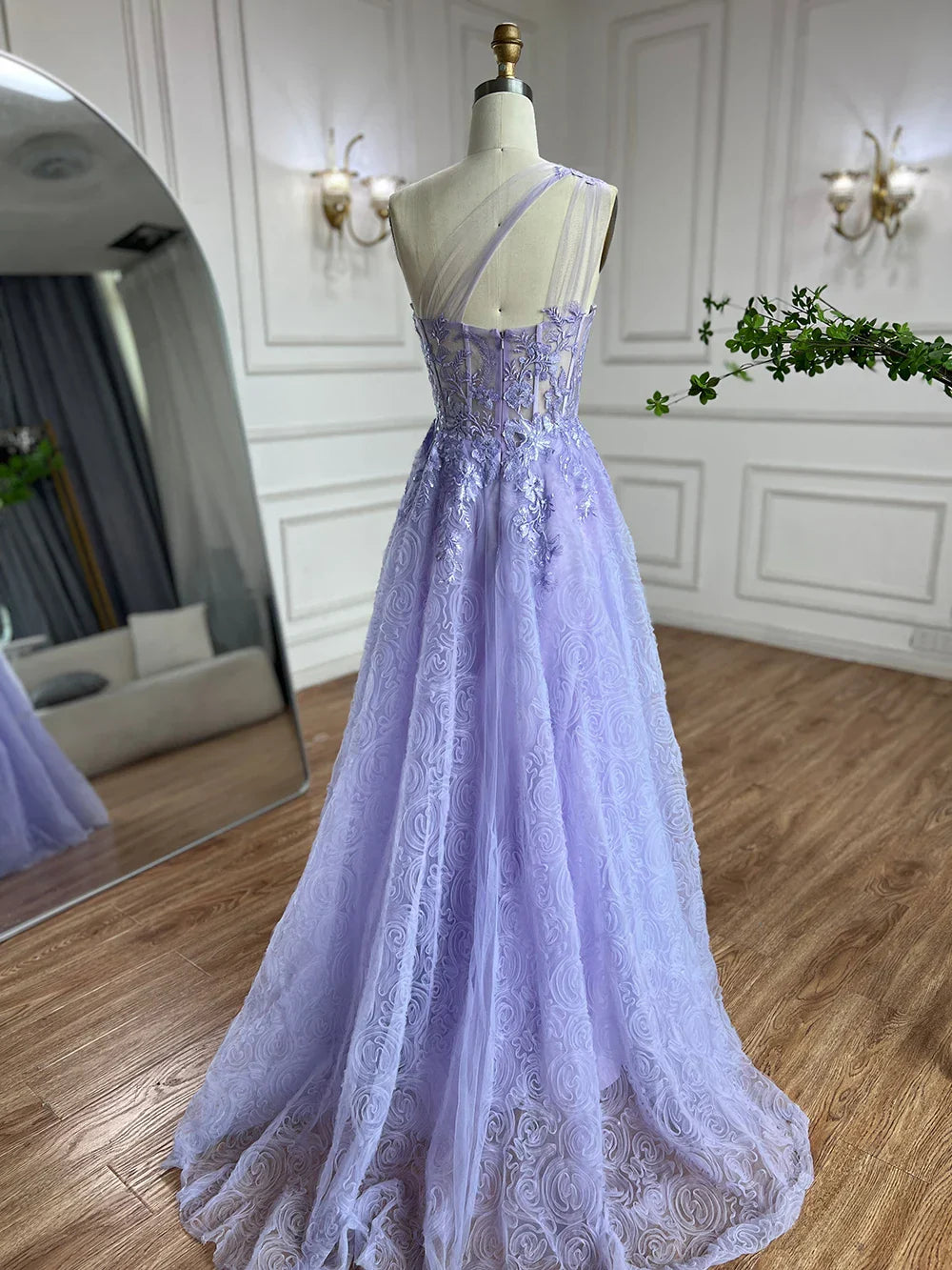 Vestido de fiesta de lujo para mujer, corte asimétrico, estilo lila árabe, con apliques de encaje y un solo hombro, para mujer, modelo LA72637 (2025) 