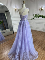 Vestido de fiesta de lujo para mujer, corte asimétrico, estilo lila árabe, con apliques de encaje y un solo hombro, para mujer, modelo LA72637 (2025) 