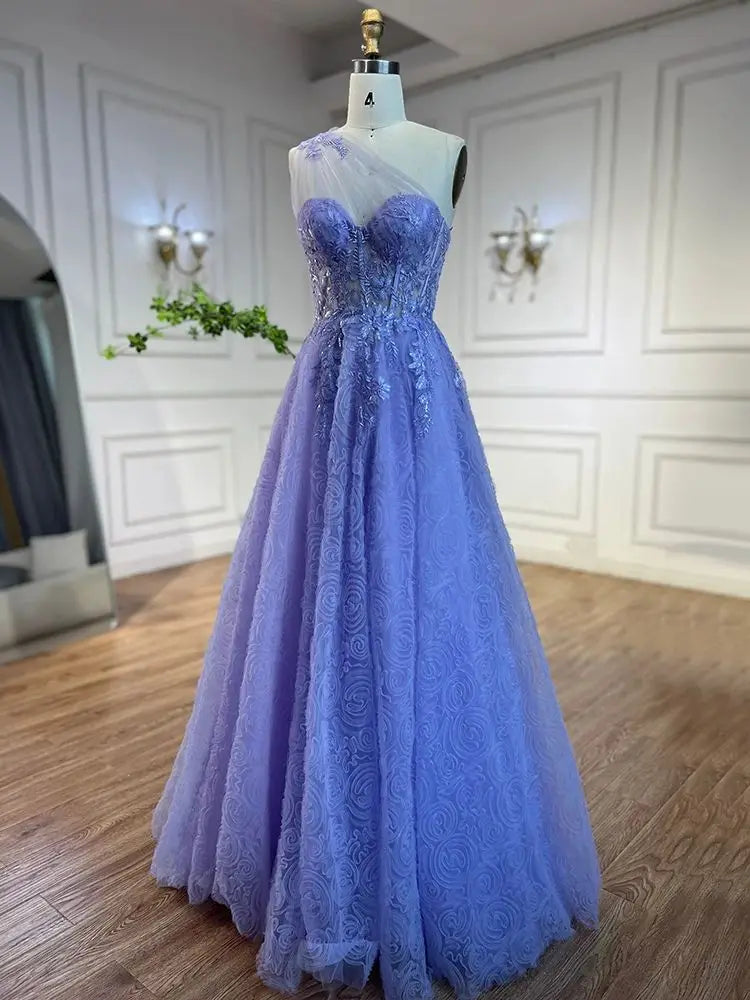 Vestido de fiesta de lujo para mujer, corte asimétrico, estilo lila árabe, con apliques de encaje y un solo hombro, para mujer, modelo LA72637 (2025) 
