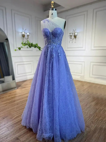 Robe de bal de luxe lilas asymétrique, coupe trapèze, avec appliques en dentelle, pour soirée, 2025 LA72637 