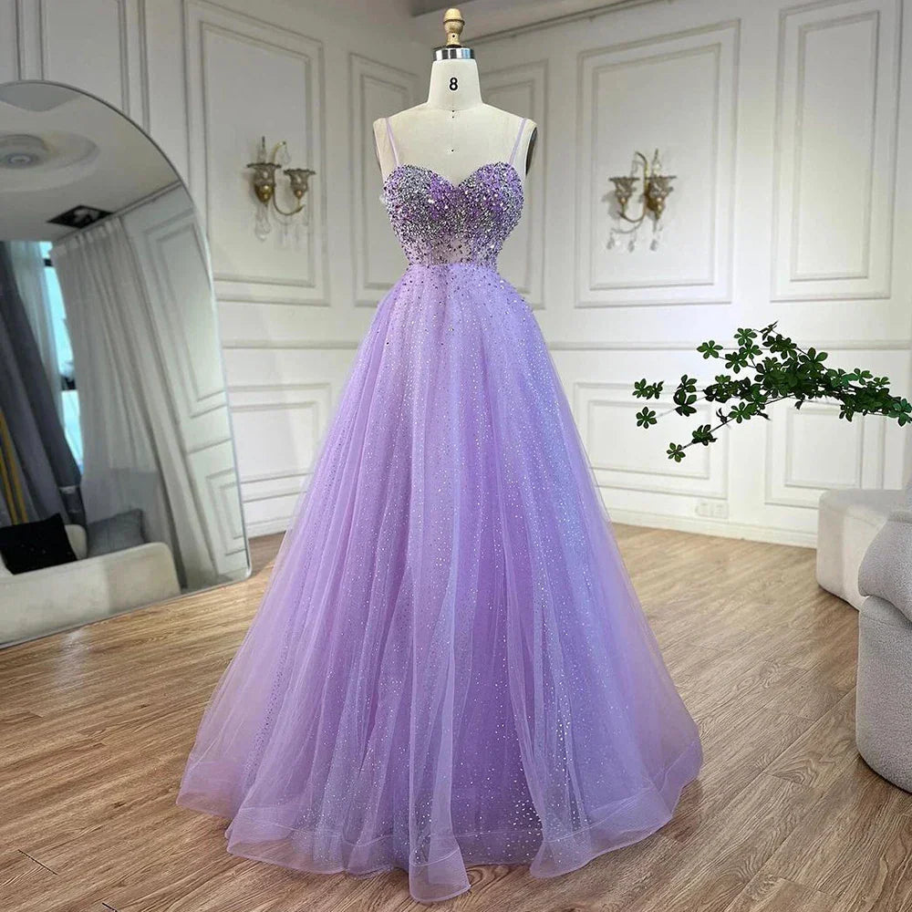Arabic Lilac Spaghetti Strap A Line Beaded Luxury Dubai Evening Dresses Gowns for Women's Party 2025 LA72571