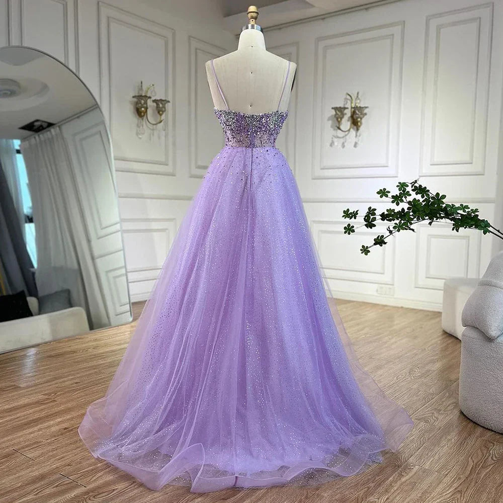 Arabic Lilac Spaghetti Strap A Line Beaded Luxury Dubai Evening Dresses Gowns for Women's Party 2025 LA72571