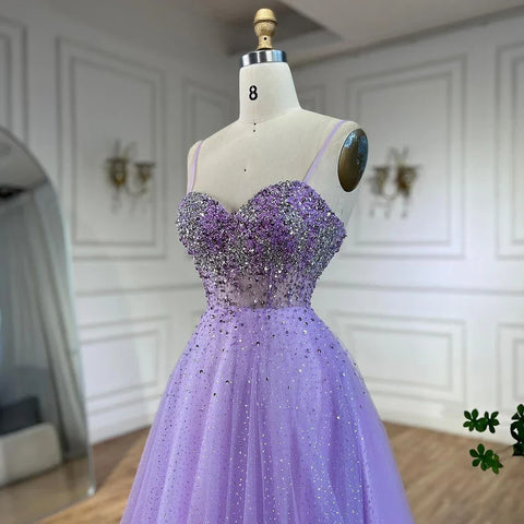 Robe de soirée de luxe à bretelles spaghetti, style arabe lilas, avec perles, style Dubaï, pour femme, 2025, LA72571 
