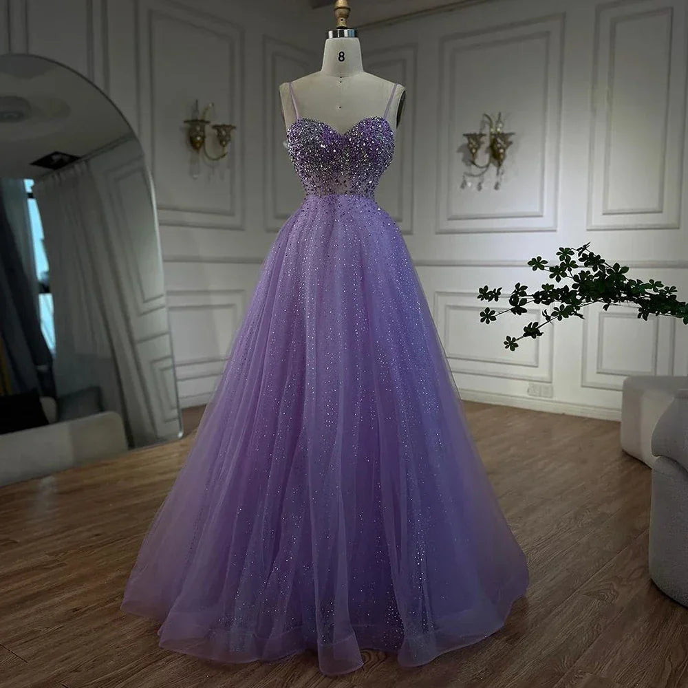 Arabic Lilac Spaghetti Strap A Line Beaded Luxury Dubai Evening Dresses Gowns for Women's Party 2025 LA72571