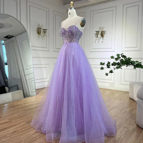 Robe de soirée de luxe à bretelles spaghetti, style arabe lilas, avec perles, style Dubaï, pour femme, 2025, LA72571 