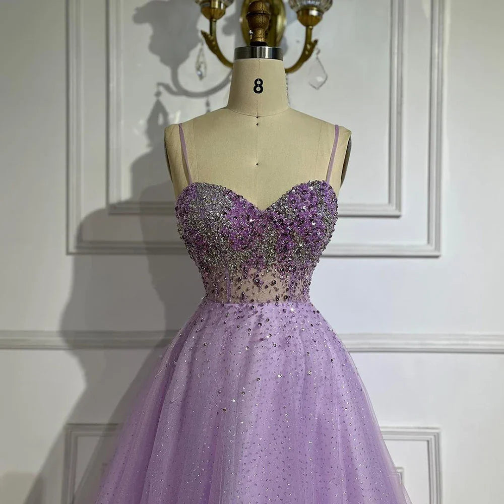 Arabic Lilac Spaghetti Strap A Line Beaded Luxury Dubai Evening Dresses Gowns for Women's Party 2025 LA72571