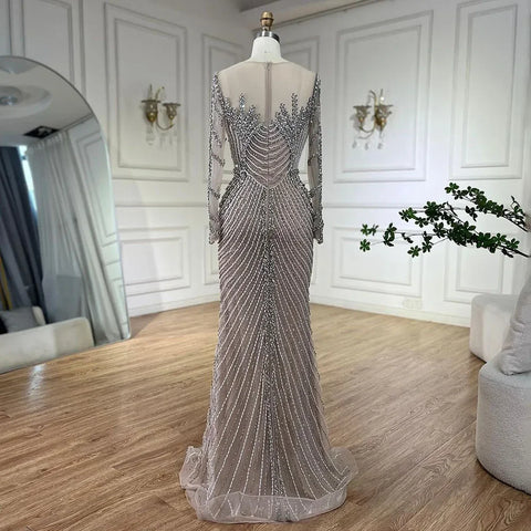 Robe de soirée de luxe arabe avec perles en cristal argenté et nude, tenue de bal de mariage pour femmes, 2025 LA72478 