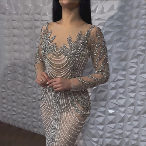 Robe de soirée de luxe arabe avec perles en cristal argenté et nude, tenue de bal de mariage pour femmes, 2025 LA72478 