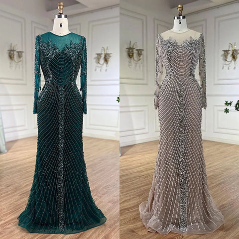 Robe de soirée de luxe arabe avec perles en cristal argenté et nude, tenue de bal de mariage pour femmes, 2025 LA72478 
