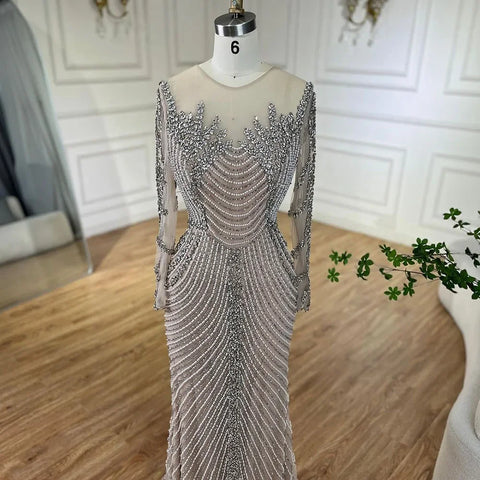 Robe de soirée de luxe arabe avec perles en cristal argenté et nude, tenue de bal de mariage pour femmes, 2025 LA72478 