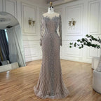 Vestidos de noche de lujo árabes con perlas de cristal, color plata y nude, estilo Dubai, para mujer, ideales para bodas, eventos formales y fiestas de graduación (modelo 2025, LA72478). 