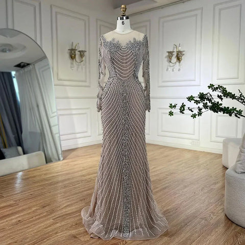 Robe de soirée de luxe arabe avec perles en cristal argenté et nude, tenue de bal de mariage pour femmes, 2025 LA72478 