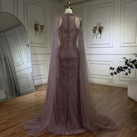 Luxury Dubai Champagne Mermaid Evening Dresses with Cape Sleeves LA72138