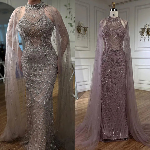 Luxury Dubai Champagne Mermaid Evening Dresses with Cape Sleeves LA72138
