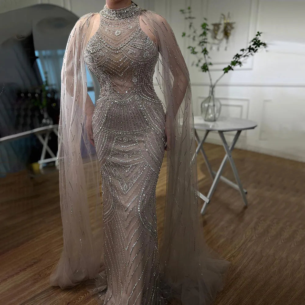 Luxury Dubai Champagne Mermaid Evening Dresses with Cape Sleeves LA72138