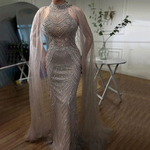 Luxury Dubai Champagne Mermaid Evening Dresses with Cape Sleeves LA72138