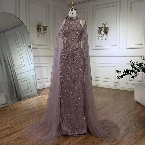 Luxury Dubai Champagne Mermaid Evening Dresses with Cape Sleeves LA72138