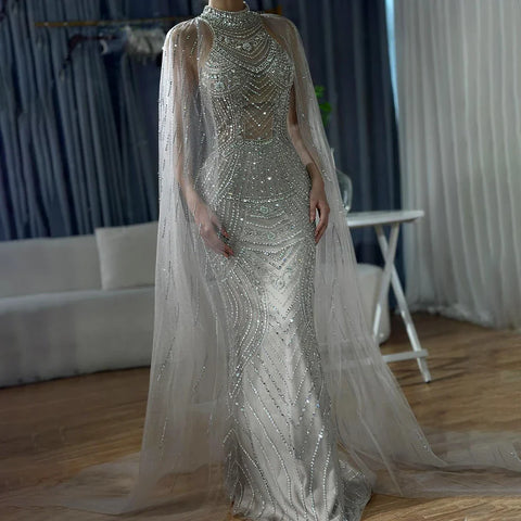 Luxury Dubai Champagne Mermaid Evening Dresses with Cape Sleeves LA72138