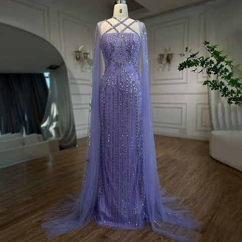 Robe de soirée sirène de luxe lilas aqua avec manches cape LA71905