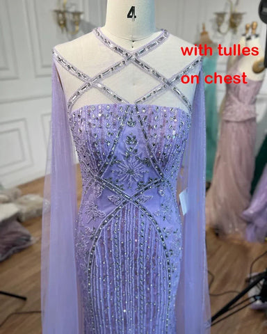 Robe de soirée sirène de luxe lilas aqua avec manches cape LA71905