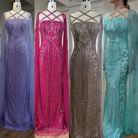 Robe de soirée sirène de luxe lilas aqua avec manches cape LA71905