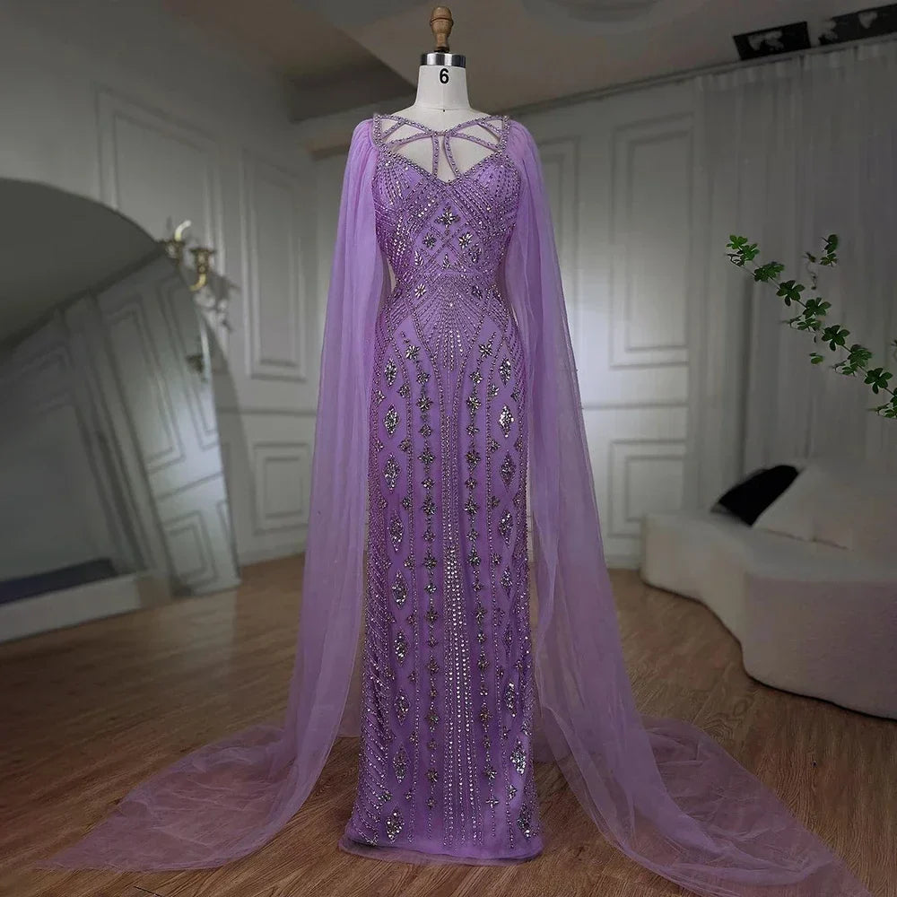Vestidos de noche elegantes de sirena lila con hilo y cuentas, estilo árabe de lujo de Dubái, colección 2025 para mujer, ideales para fiestas (LA72186) 