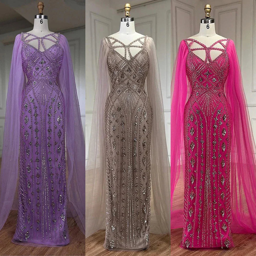 Arabic Luxury Dubai Mermaid Elegant Lilac Shawl Yarn Beaded Evening Dresses Gowns 2025 For Women Party LA72186