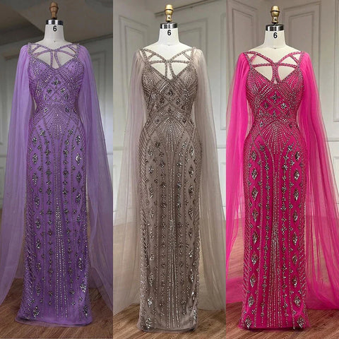 Robe de soirée élégante style sirène, style arabe, luxueuse, lilas, avec châle, perles et perles, pour femme, modèle LA72186, 2025 
